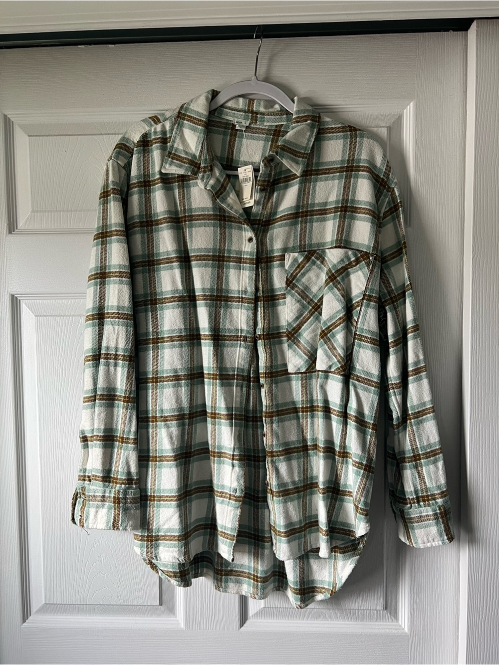 Aerie Light Aqua & Olive Plaid Button-Up Shirt